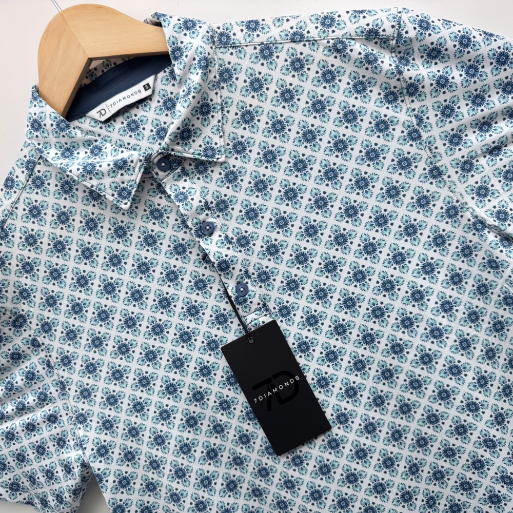 7 Diamonds Polo Mens Small Blue Leon 4-Way Stretch Floral Medallion